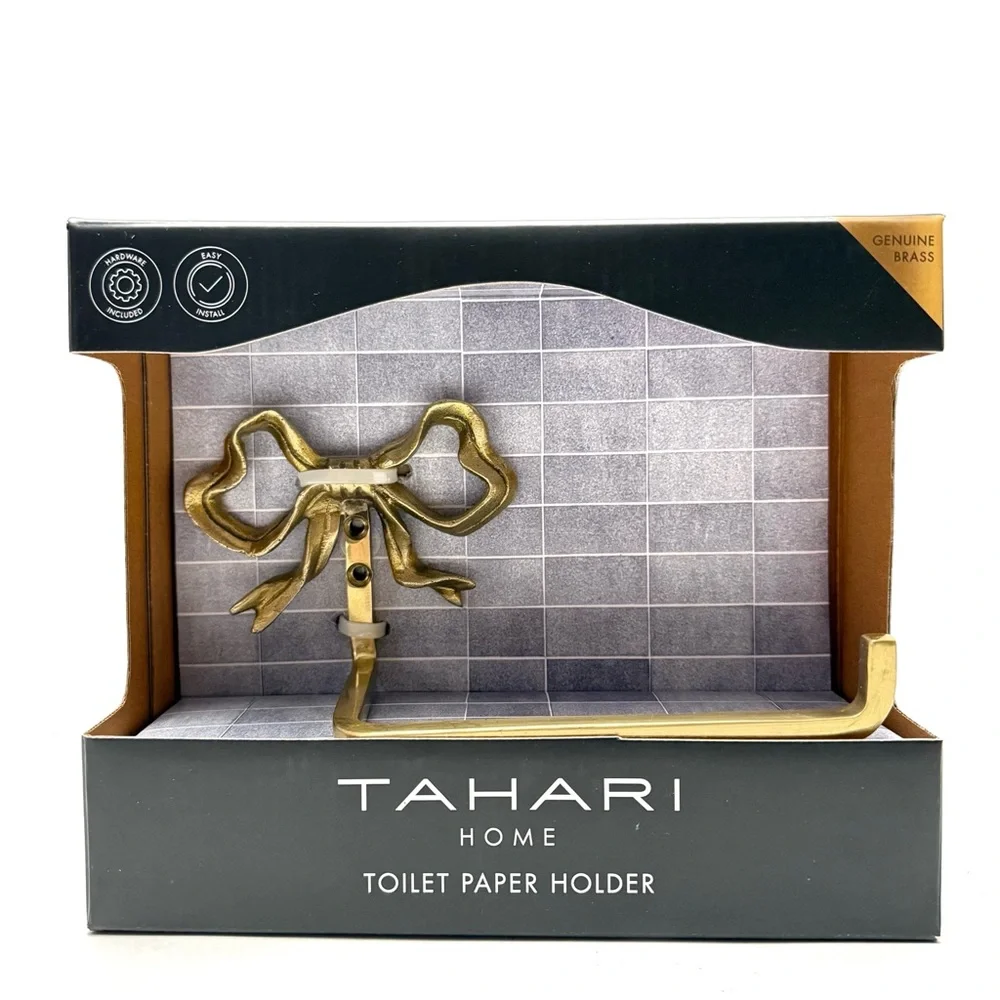 TAHARI Home Brass Ribbon Bow Bathroom Toilet Paper Roll Holder Wall Mounted NEW